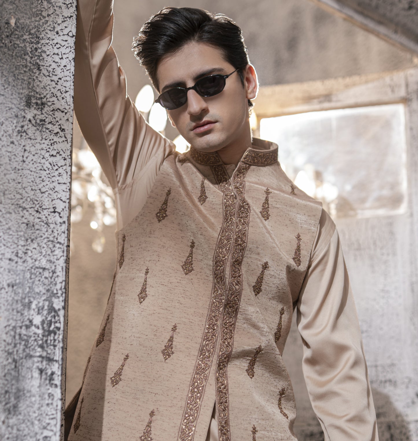 Sand Beige Hand Embroidered Waist Coat with Kurta Pajama