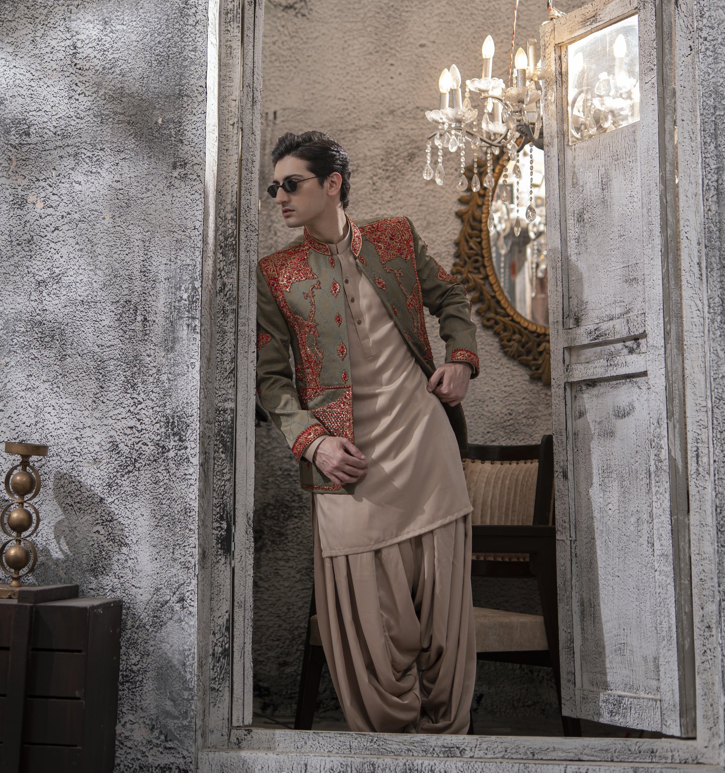 Green with Red Hand Embroidered Prince Coat with Kameez and Patiala Shalwar