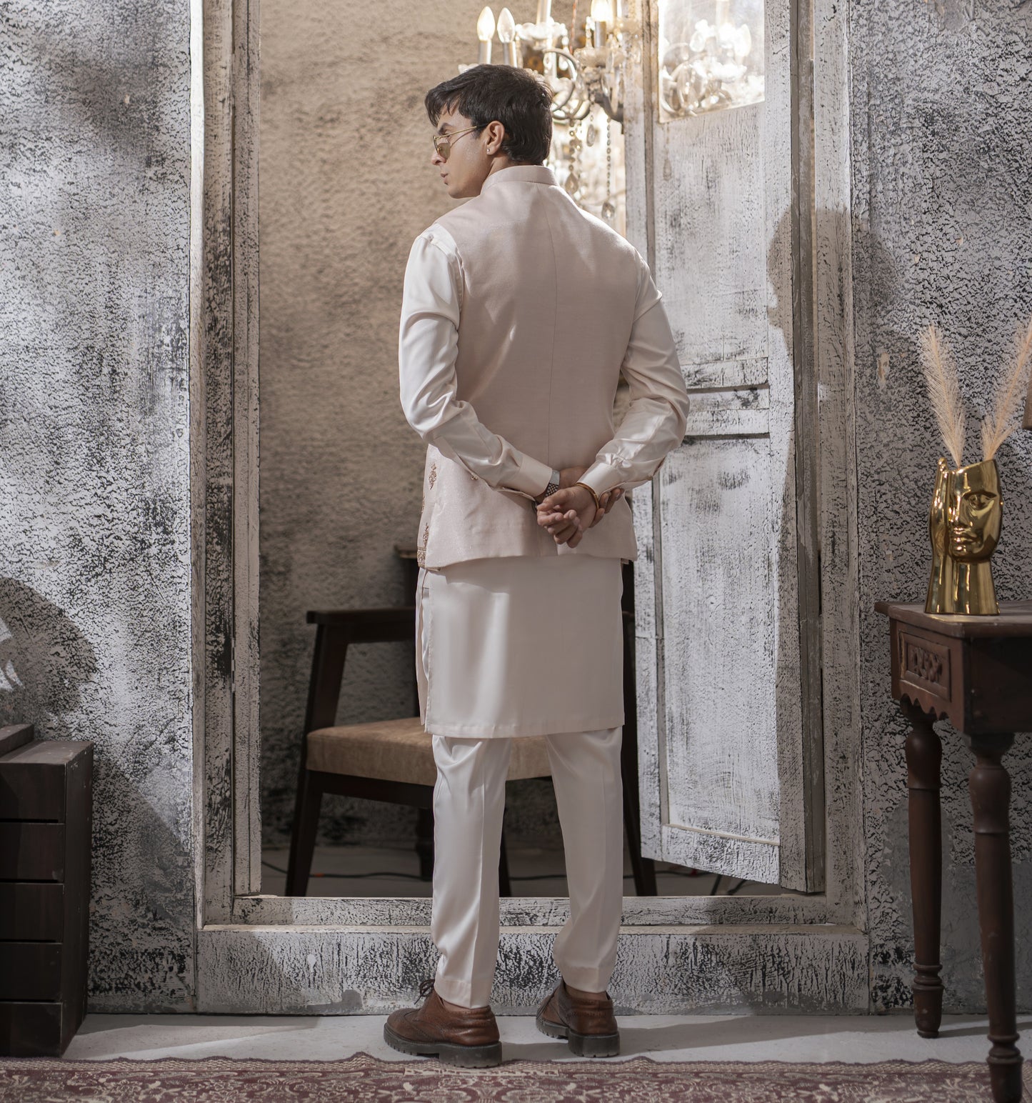 Powdered Pink Hand Embroidered Waist Coat with White Kurta Pajama