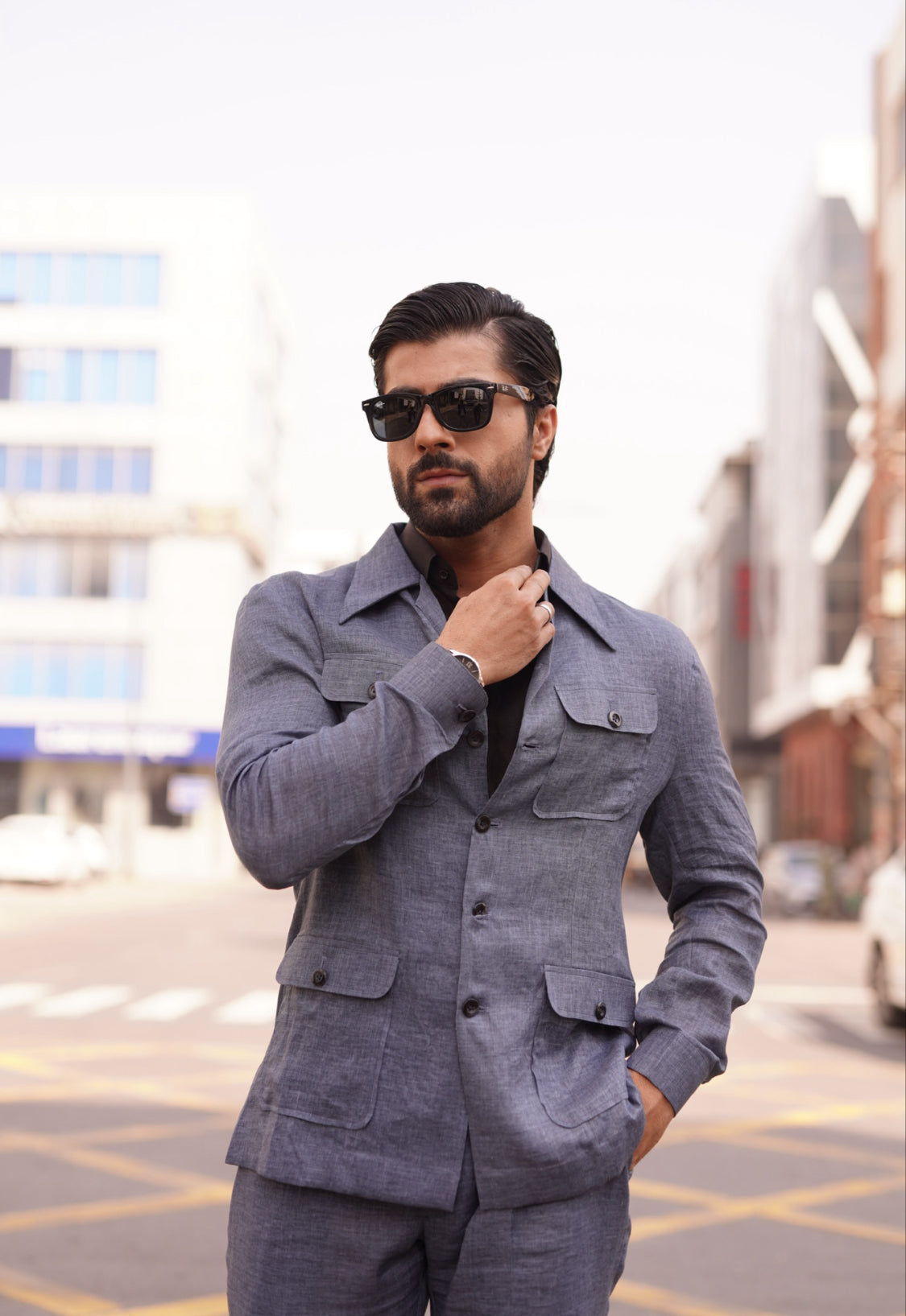 Blue Linen Safari Suit. CO-ORD Set