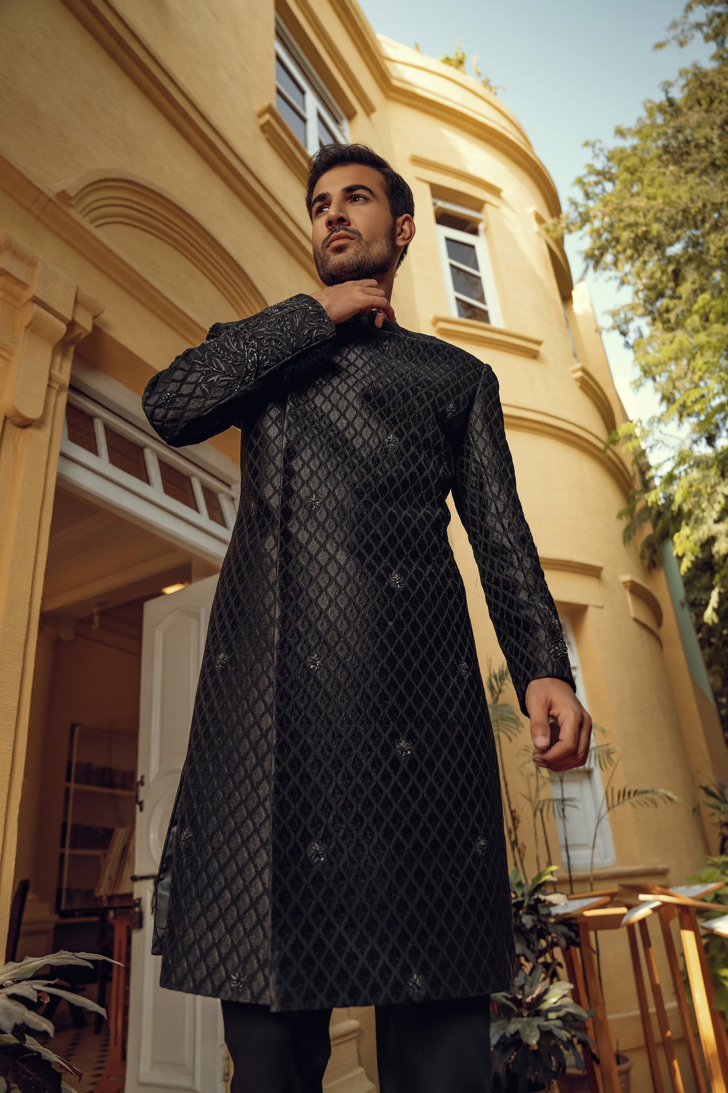 BLACK SHERWANI WITH AFGHANI COLLAR (ORDER VIA BOOK AN APPOINTMENT ONLY)