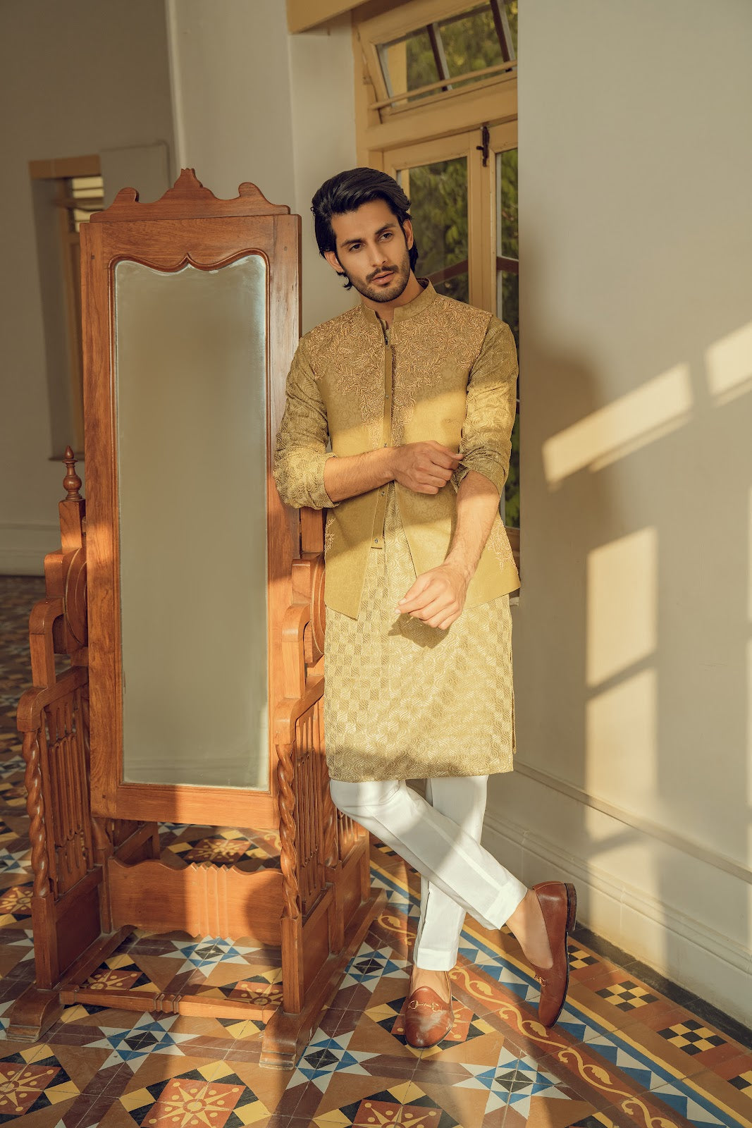 SAGE GREEN FESTIVE KURTA WITH EMBROIDERED WAISTCOAT