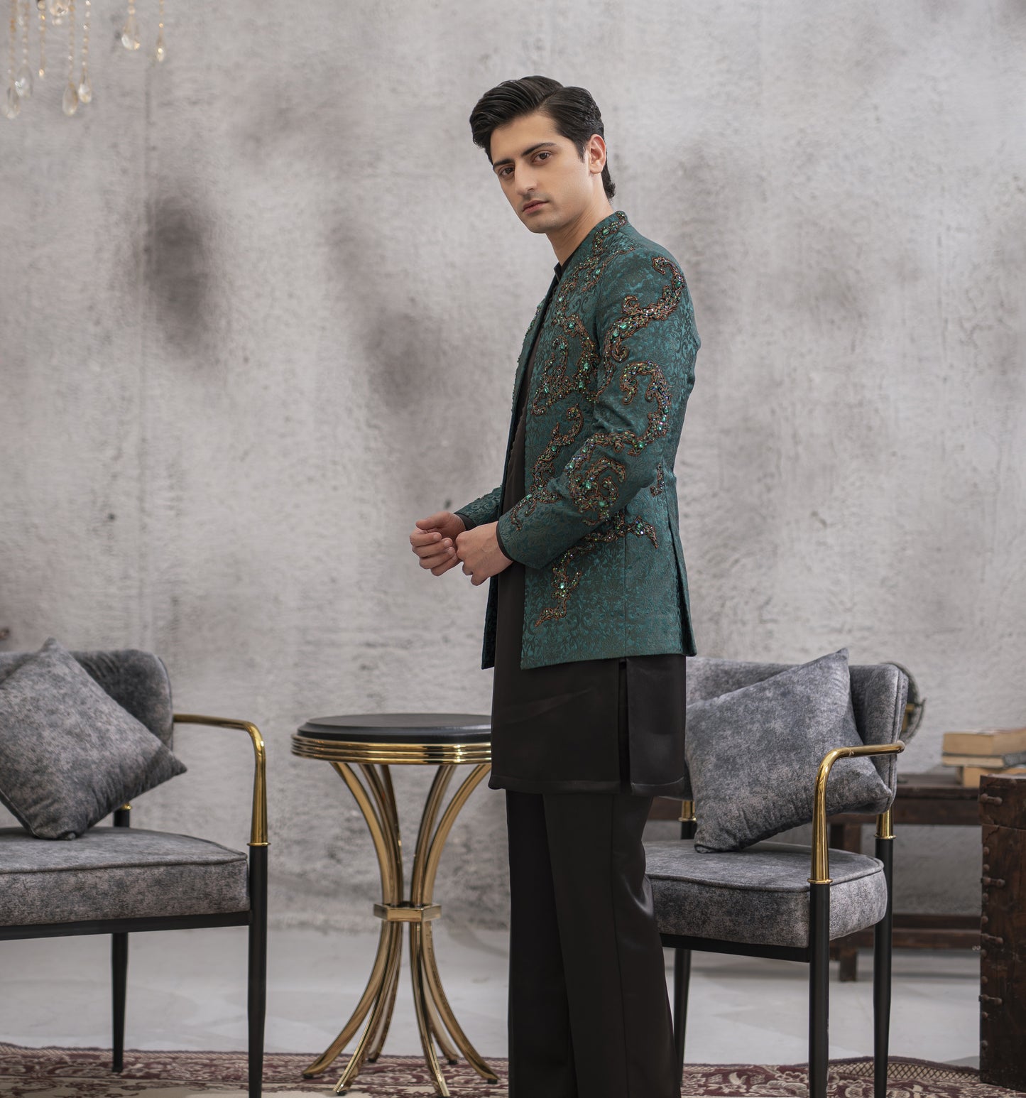 Green Hand-Embroidered Prince Coat Set with Black Kurta Pajama