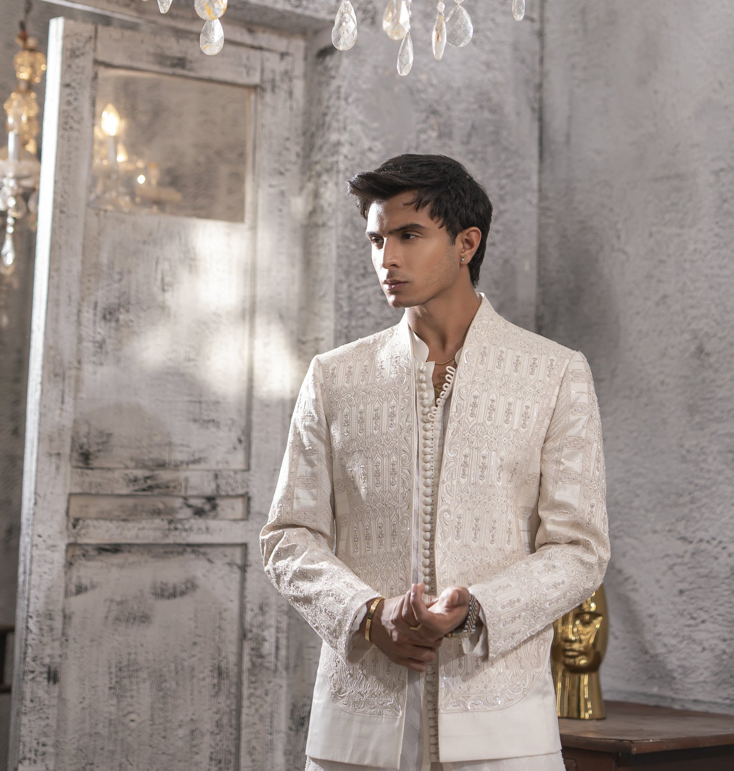 White Machine-Embroidered Open Prince Coat Set with Inner & Pajamas