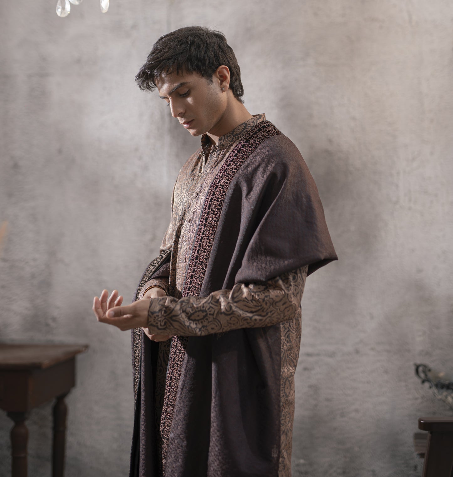 Machine Embroidered Kurta Set with Shawl