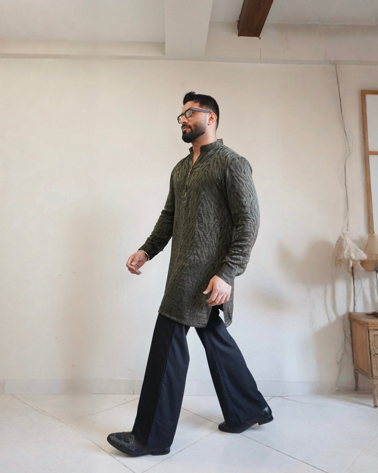 Green Zipper Kurta with Bellbottoms