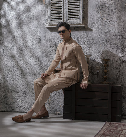Sand Beige Hand Embroidered Waist Coat with Kurta Pajama