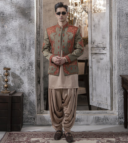 Green with Red Hand Embroidered Prince Coat with Kameez and Patiala Shalwar