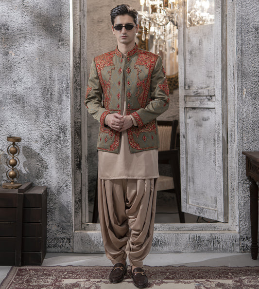Green with Red Hand Embroidered Prince Coat with Kameez and Patiala Shalwar