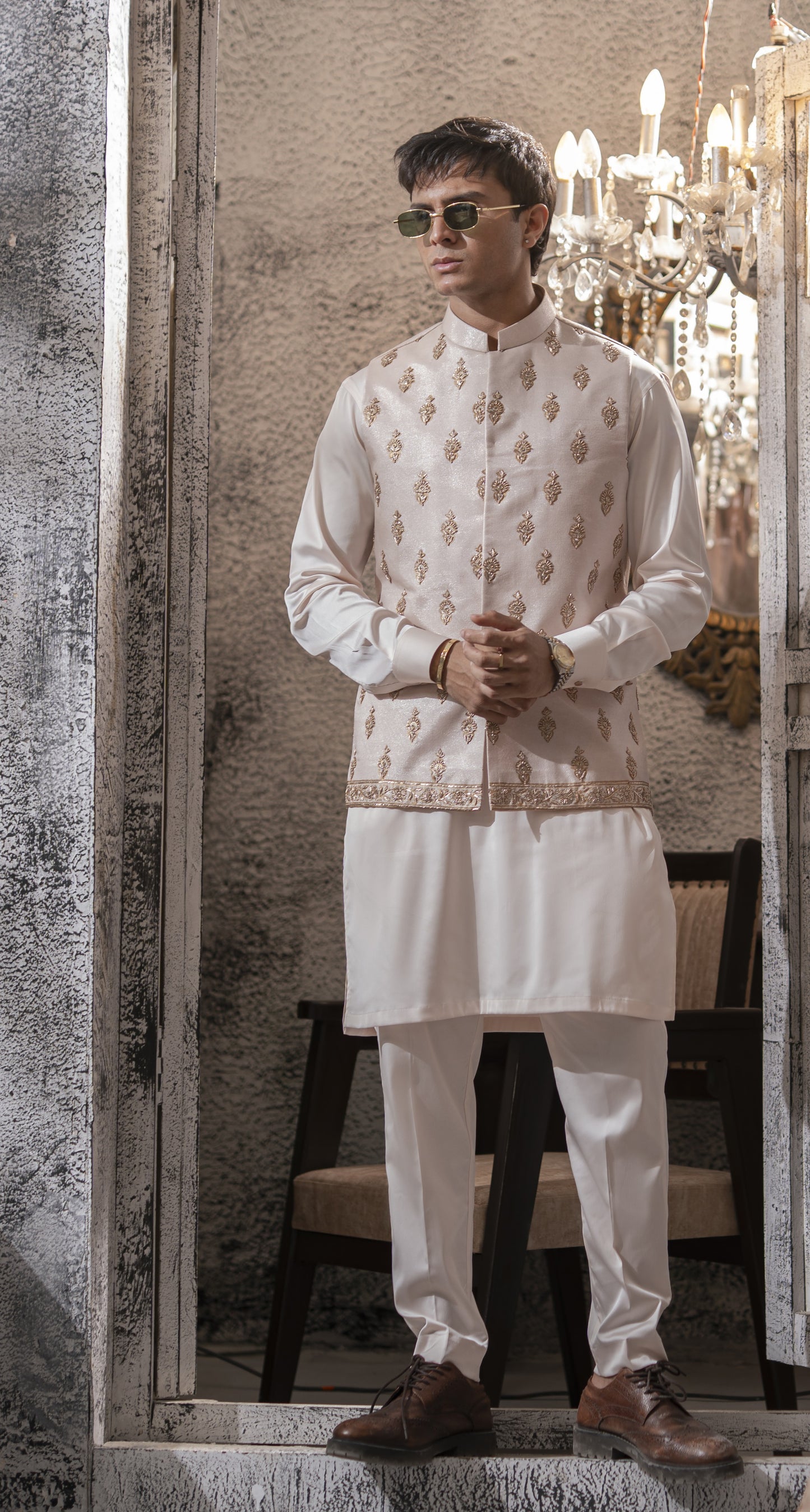 Powdered Pink Hand Embroidered Waist Coat with White Kurta Pajama