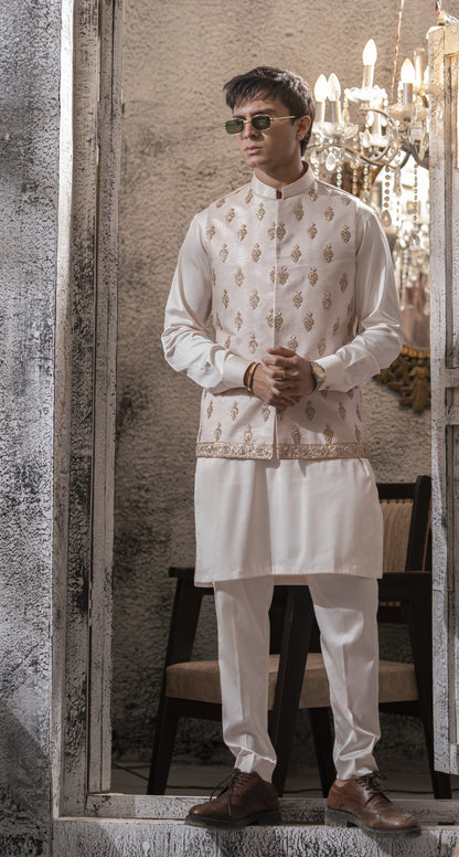 Powdered Pink Hand Embroidered Waist Coat with White Kurta Pajama