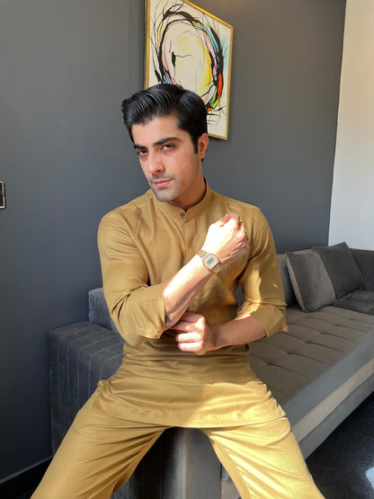 Golden Nawabi Short Kurta with Bell Bottoms