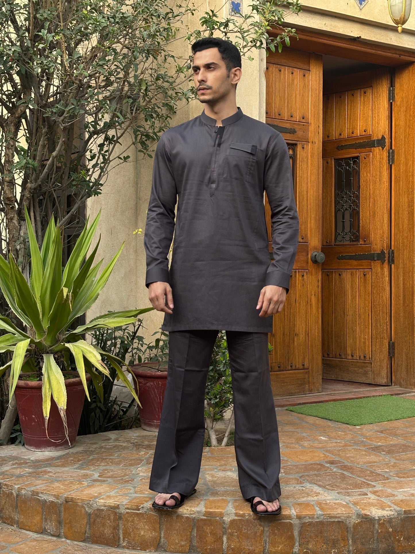 Grey Short Kurta with Bellbottoms, Minor Detailing