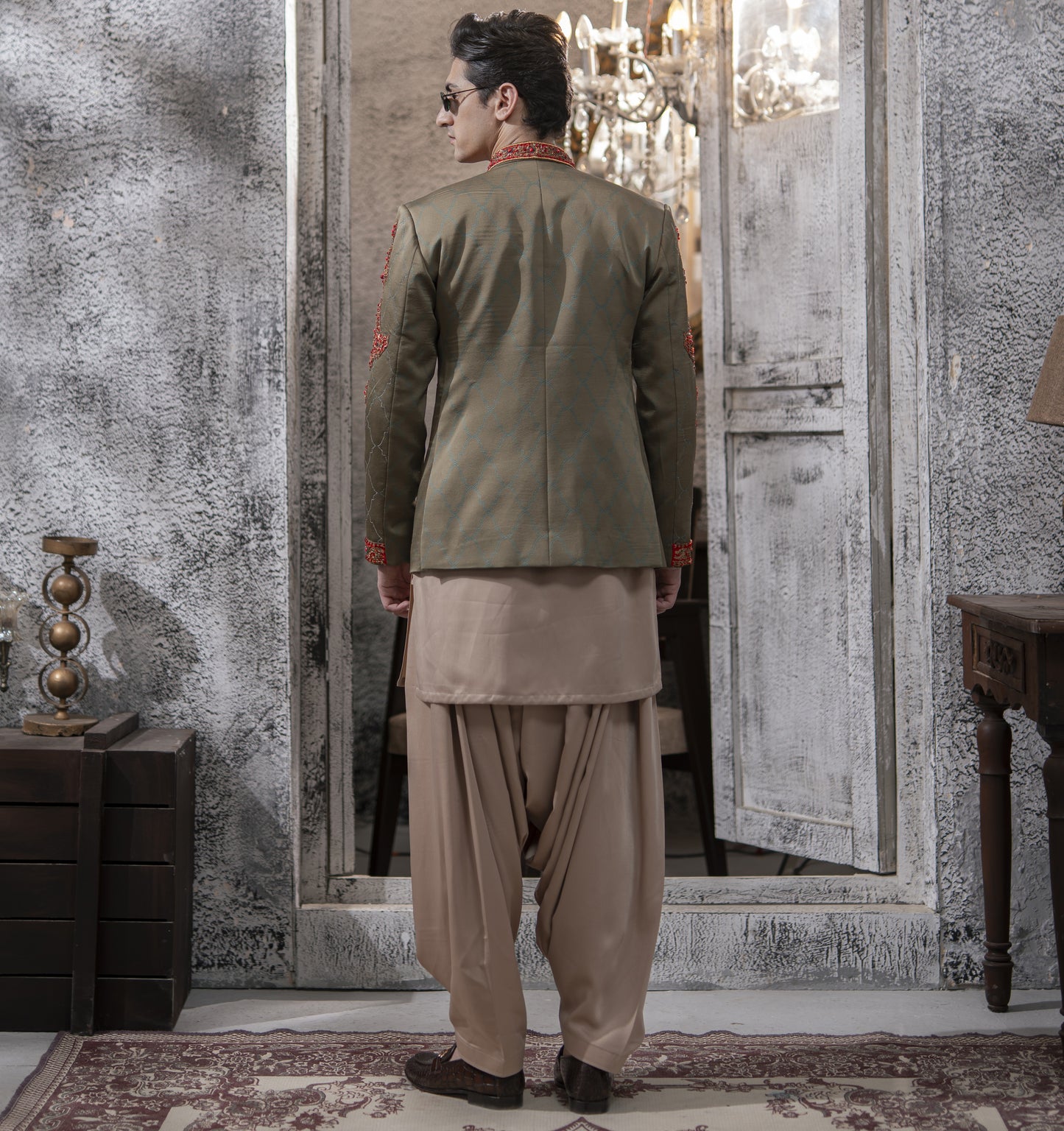 Green with Red Hand Embroidered Prince Coat with Kameez and Patiala Shalwar