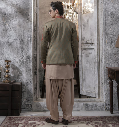 Green with Red Hand Embroidered Prince Coat with Kameez and Patiala Shalwar