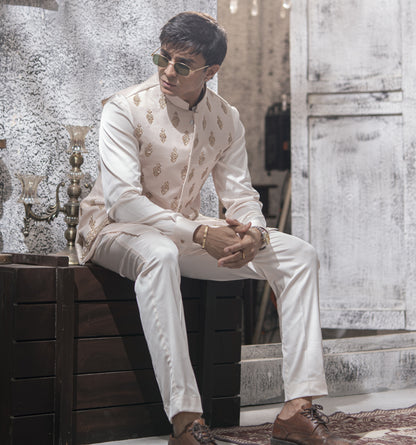 Powdered Pink Hand Embroidered Waist Coat with White Kurta Pajama