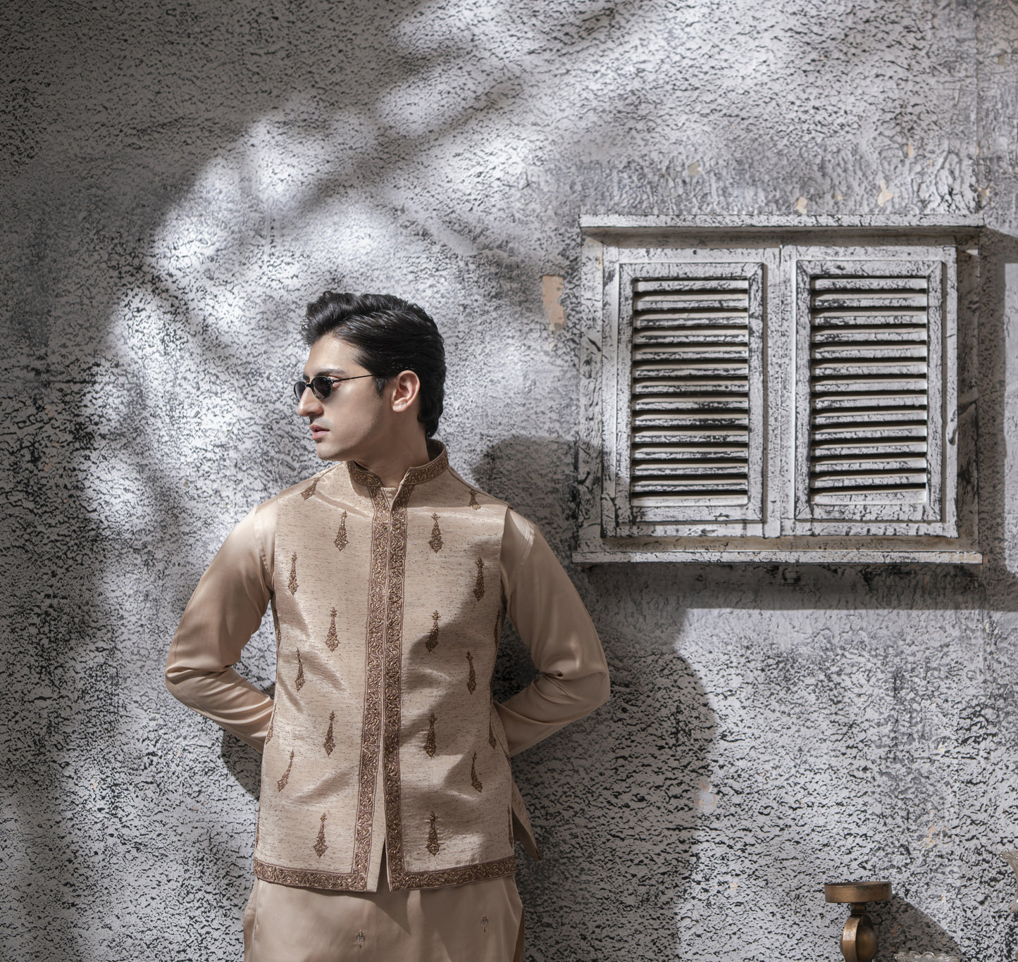 Sand Beige Hand Embroidered Waist Coat with Kurta Pajama