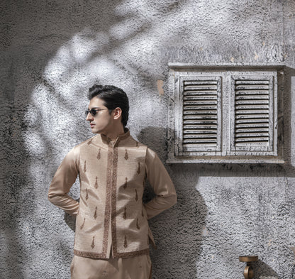 Sand Beige Hand Embroidered Waist Coat with Kurta Pajama