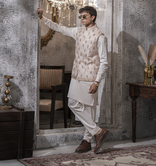 Powdered Pink Hand Embroidered Waist Coat with White Kurta Pajama