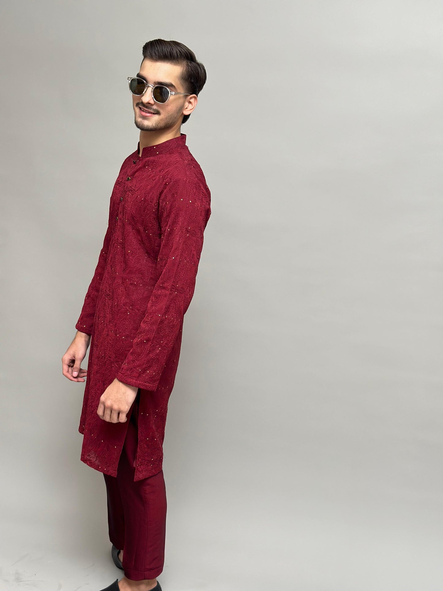 Red Machine Embroidered Kurta with Trouser