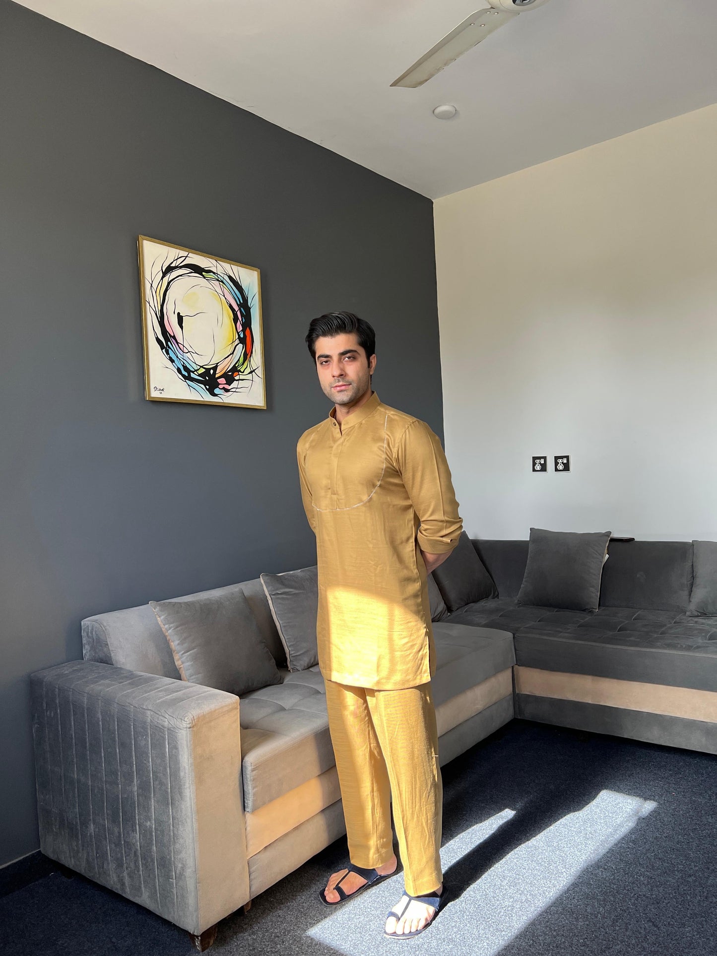 Golden Nawabi Short Kurta with Bell Bottoms