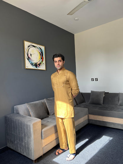 Golden Nawabi Short Kurta with Bell Bottoms