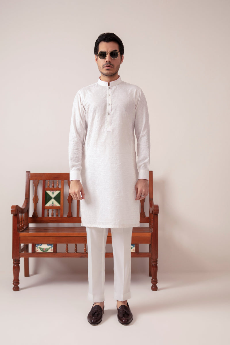 White Fancy Blended Kurta Pajama