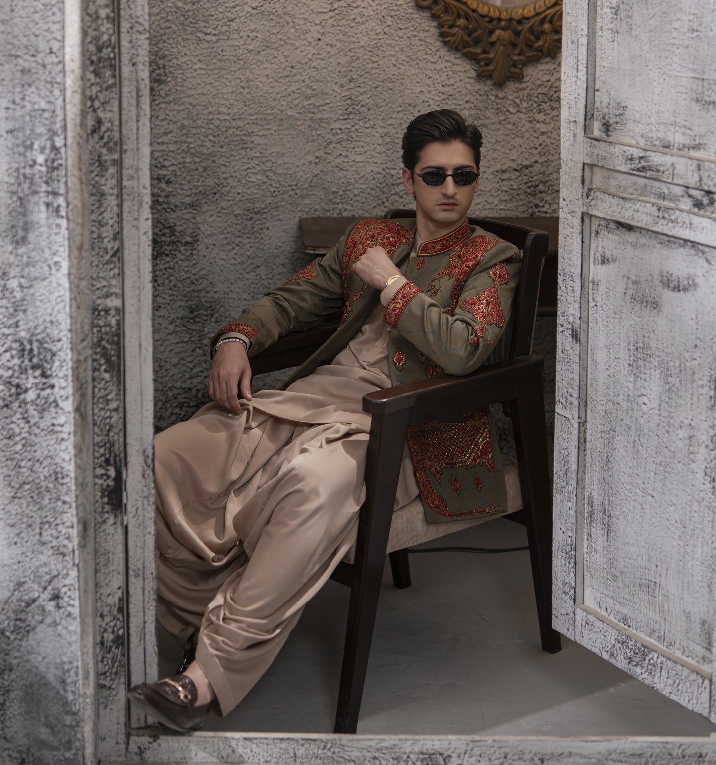 Green with Red Hand Embroidered Prince Coat with Kameez and Patiala Shalwar