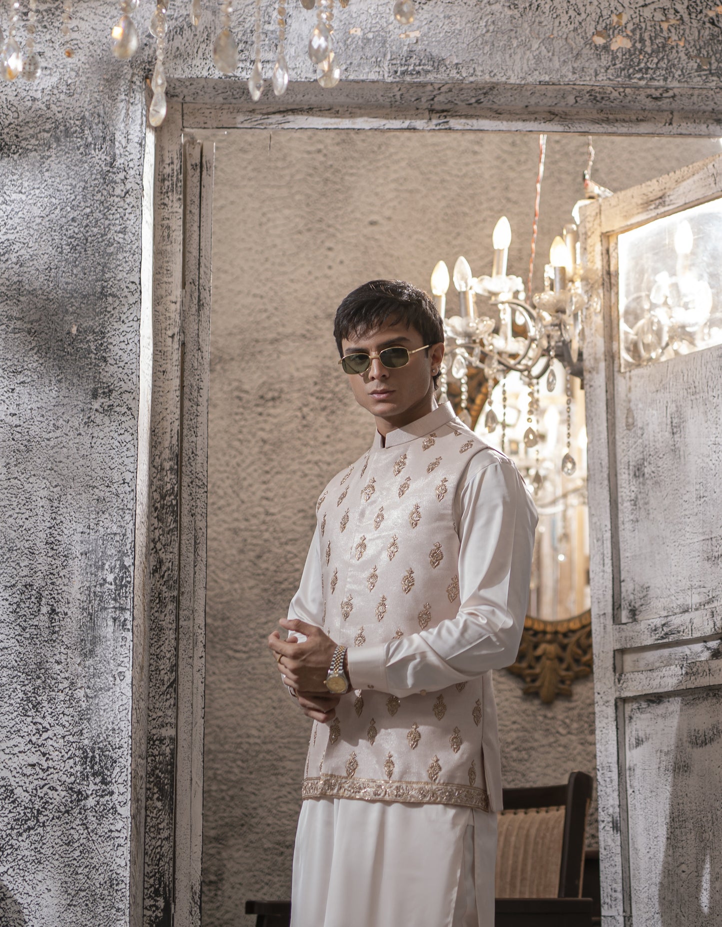 Powdered Pink Hand Embroidered Waist Coat with White Kurta Pajama