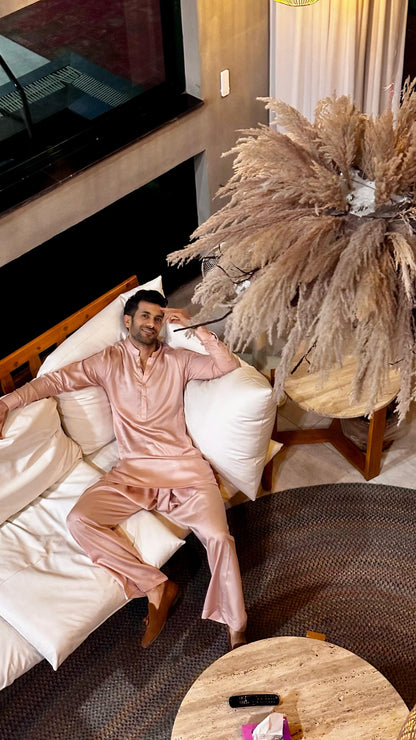 Pink Satin Plain Short Kurta Pajama