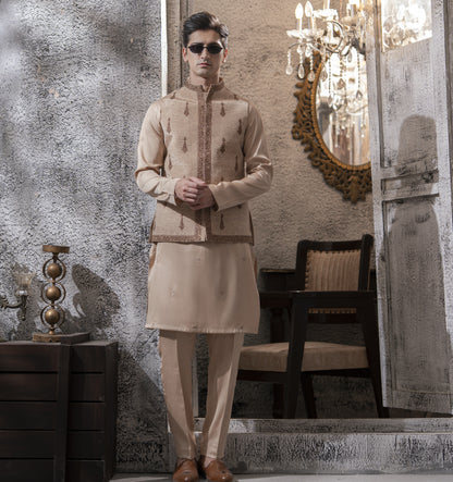 Sand Beige Hand Embroidered Waist Coat with Kurta Pajama