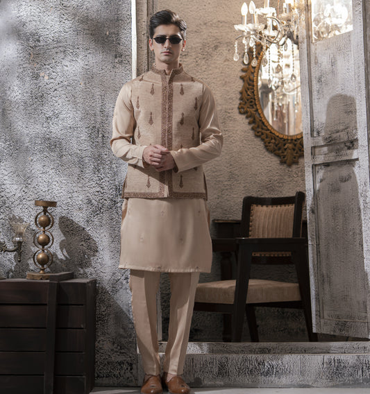 Sand Beige Hand Embroidered Waist Coat with Kurta Pajama