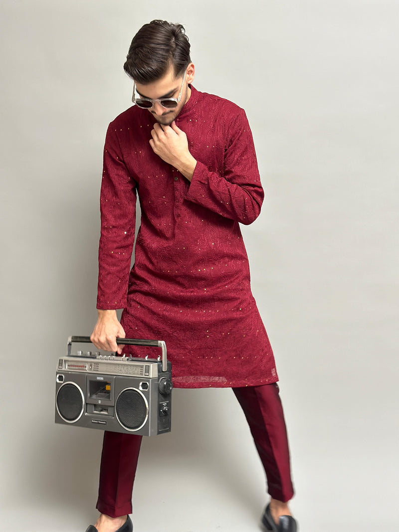 Red Machine Embroidered Kurta with Trouser