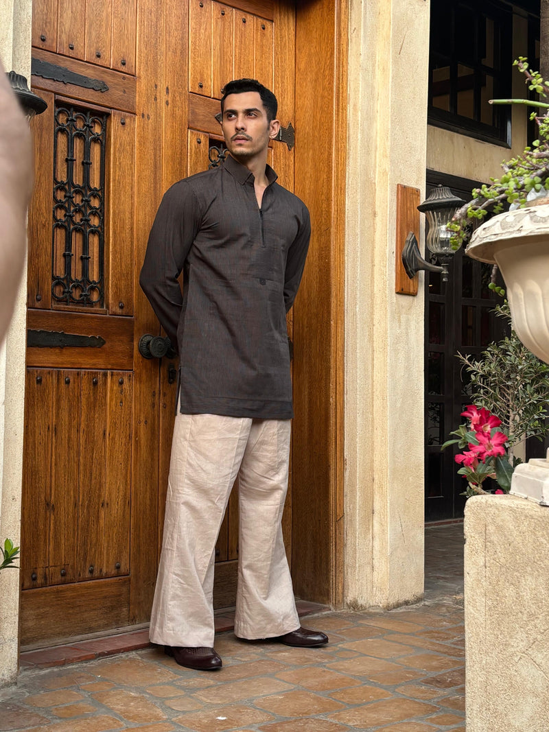 Grey Linen Zipper Short Kurta with Farshi Shalwar
