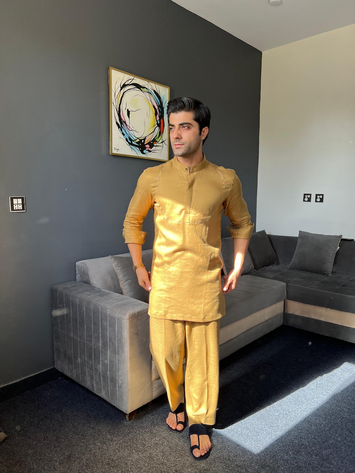 Golden Nawabi Short Kurta with Bell Bottoms