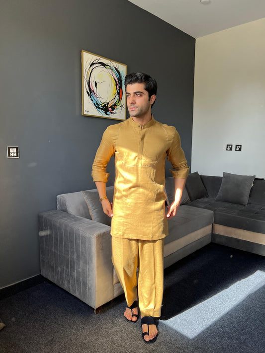 Golden Nawabi Short Kurta with Bell Bottoms