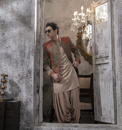 Green with Red Hand Embroidered Prince Coat with Kameez and Patiala Shalwar