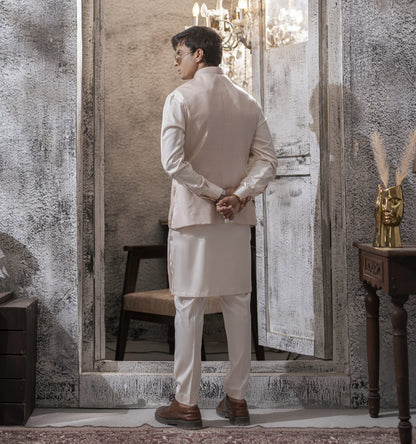 Powdered Pink Hand Embroidered Waist Coat with White Kurta Pajama