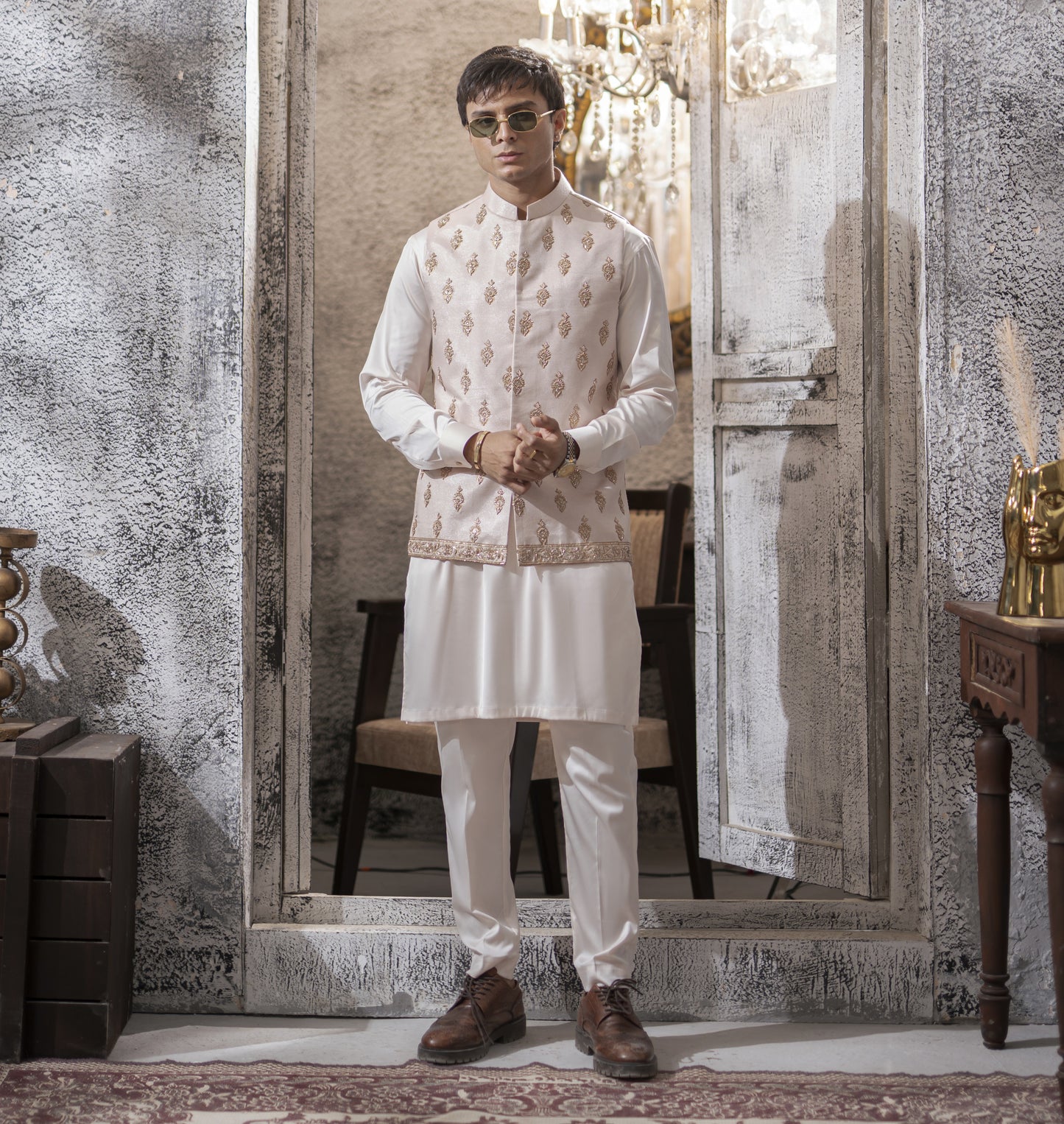 Powdered Pink Hand Embroidered Waist Coat with White Kurta Pajama