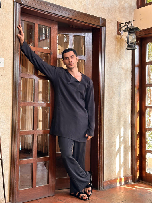 Black Afghani Collar Short Kurta with Bell Bottoms