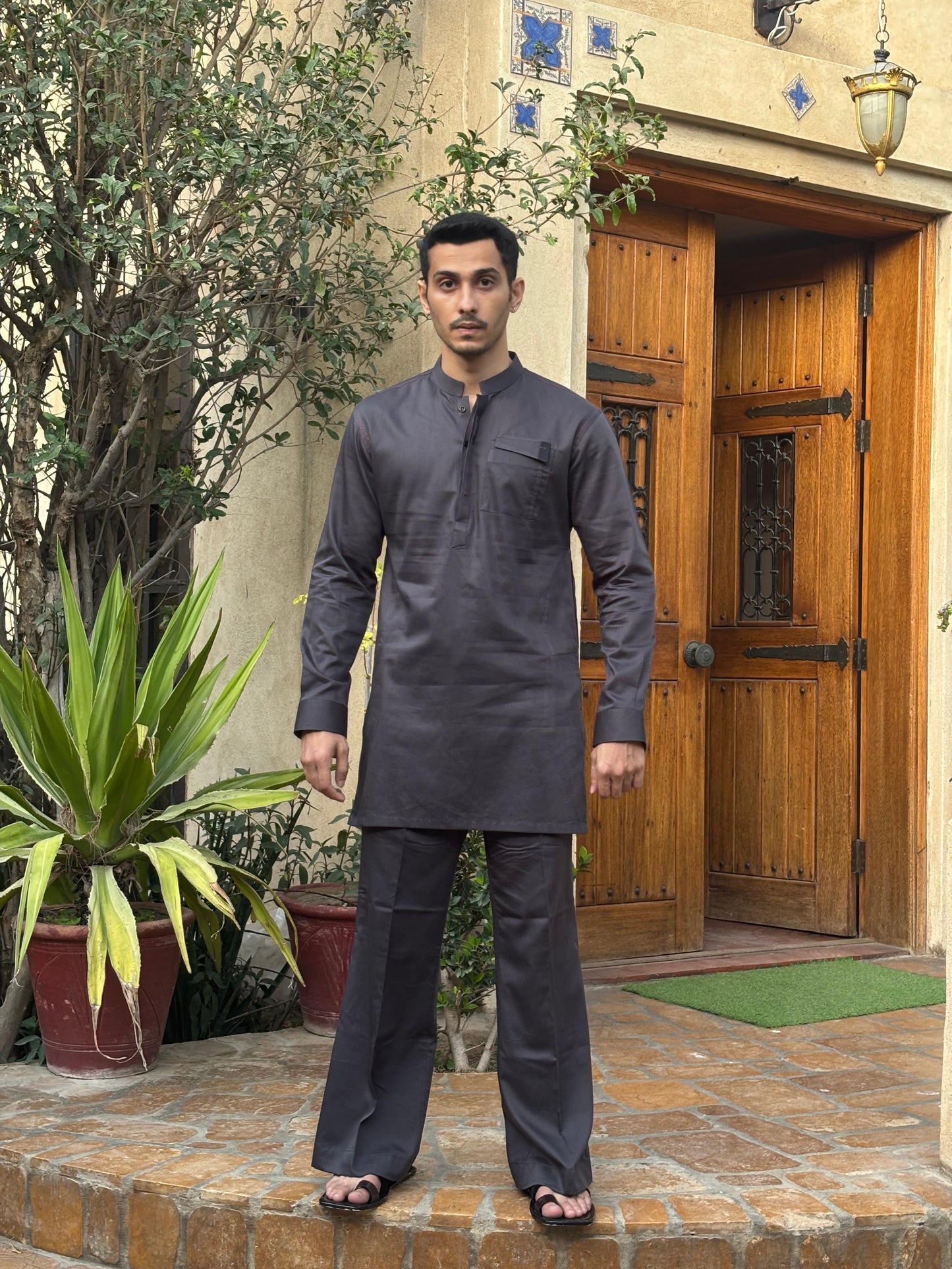 Grey Short Kurta with Bellbottoms, Minor Detailing