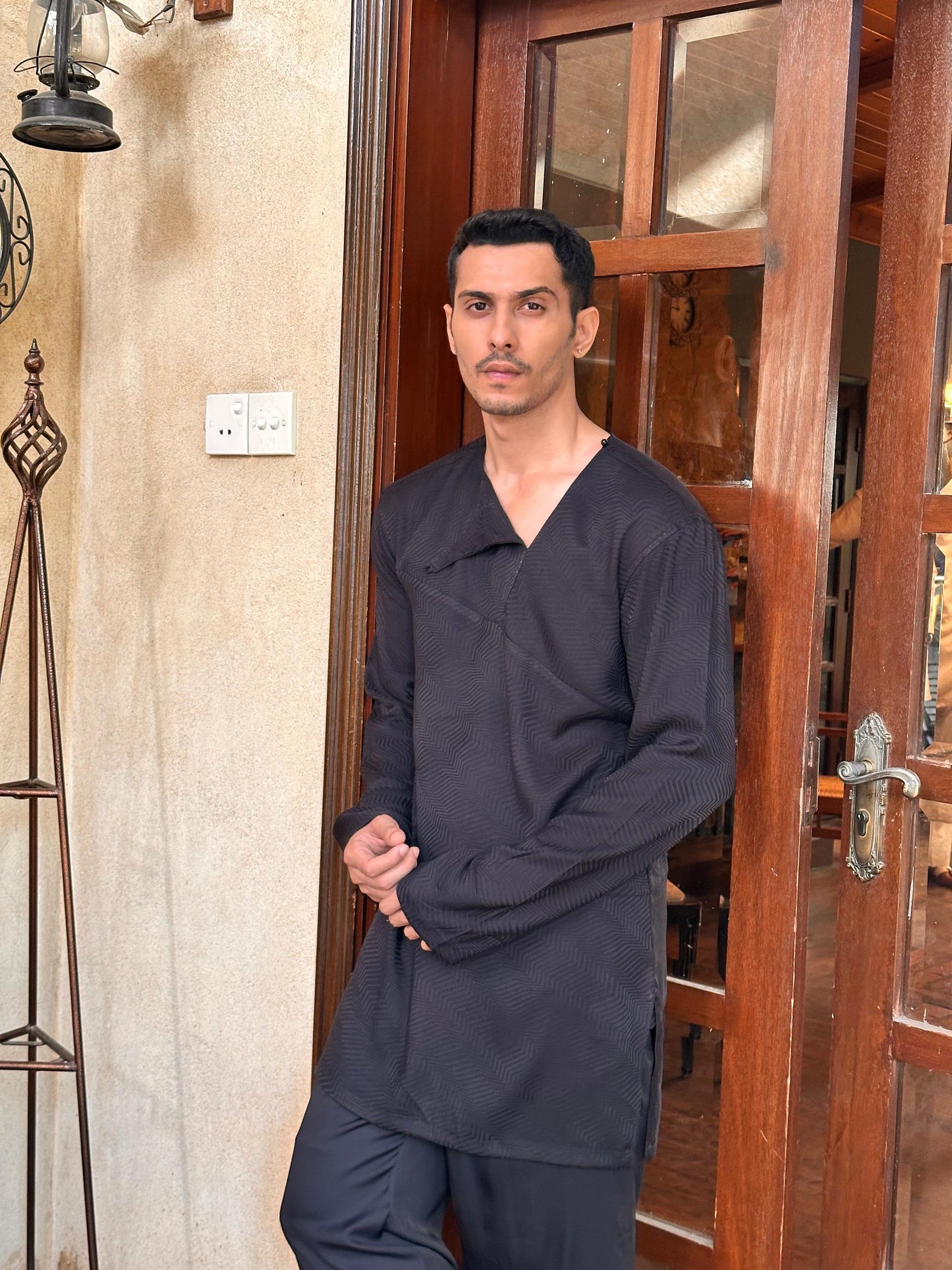 Black Afghani Collar Short Kurta with Bell Bottoms