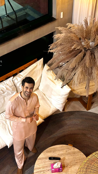 Pink Satin Plain Short Kurta Pajama