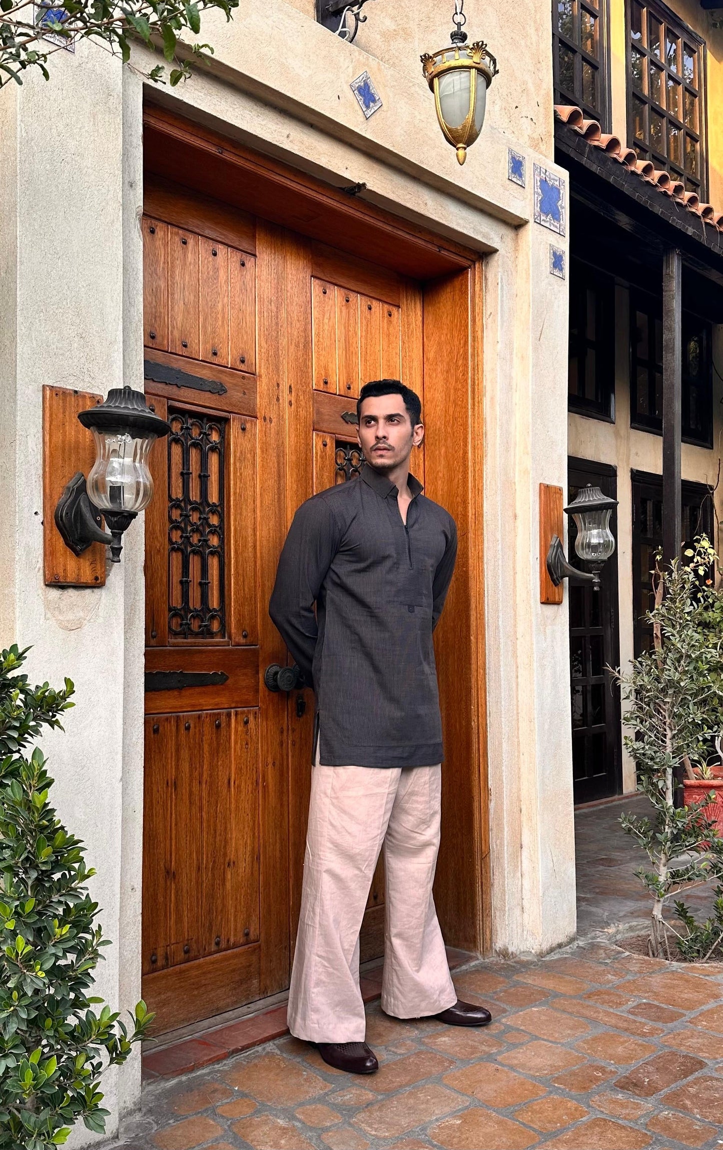 Grey Linen Zipper Short Kurta with Farshi Shalwar