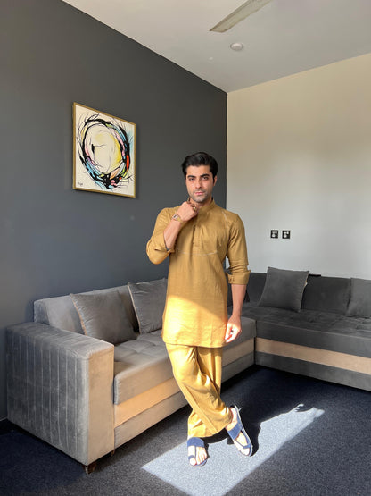 Golden Nawabi Short Kurta with Bell Bottoms