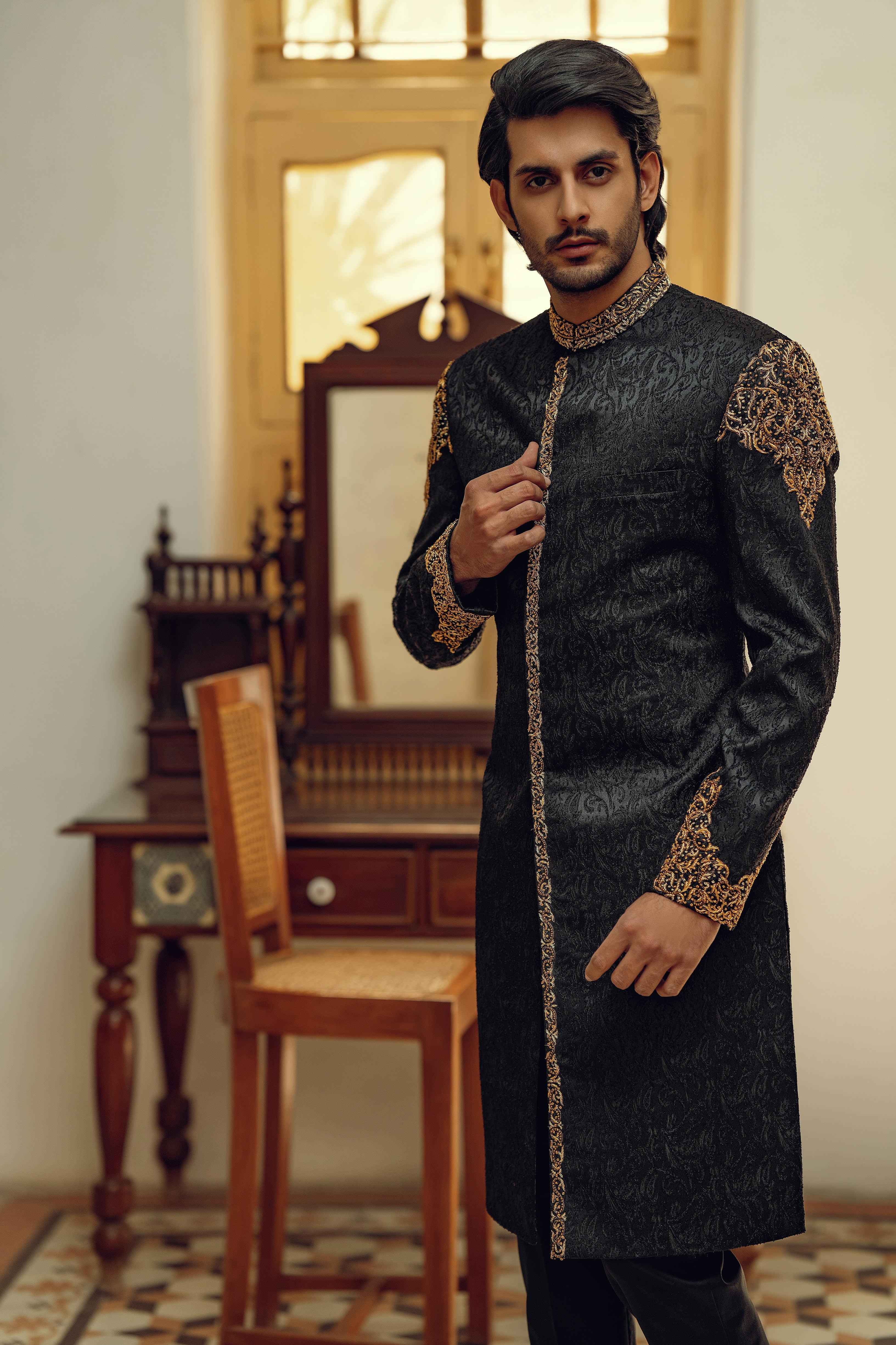 BLACK HAND EMBROIDERED SHERWANI (ORDER VIA BOOK AN APPOINTMENT ONLY)