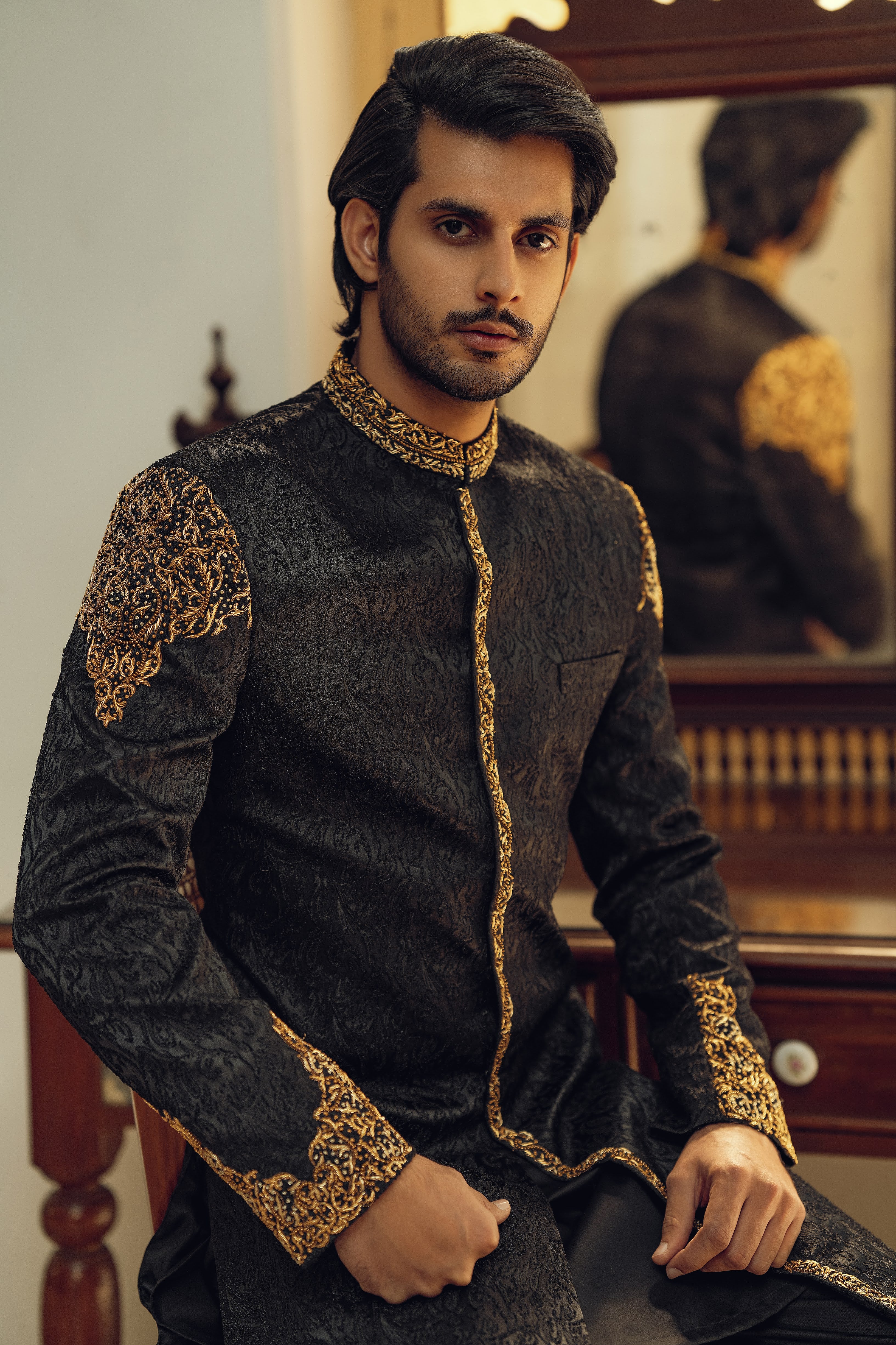 BLACK HAND EMBROIDERED SHERWANI (ORDER VIA BOOK AN APPOINTMENT ONLY)