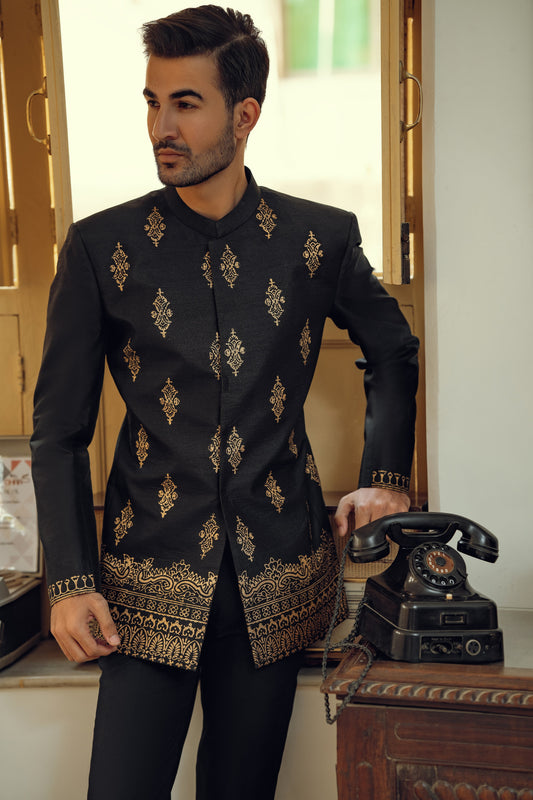 BLACK EMBROIDERED PRINCE COAT