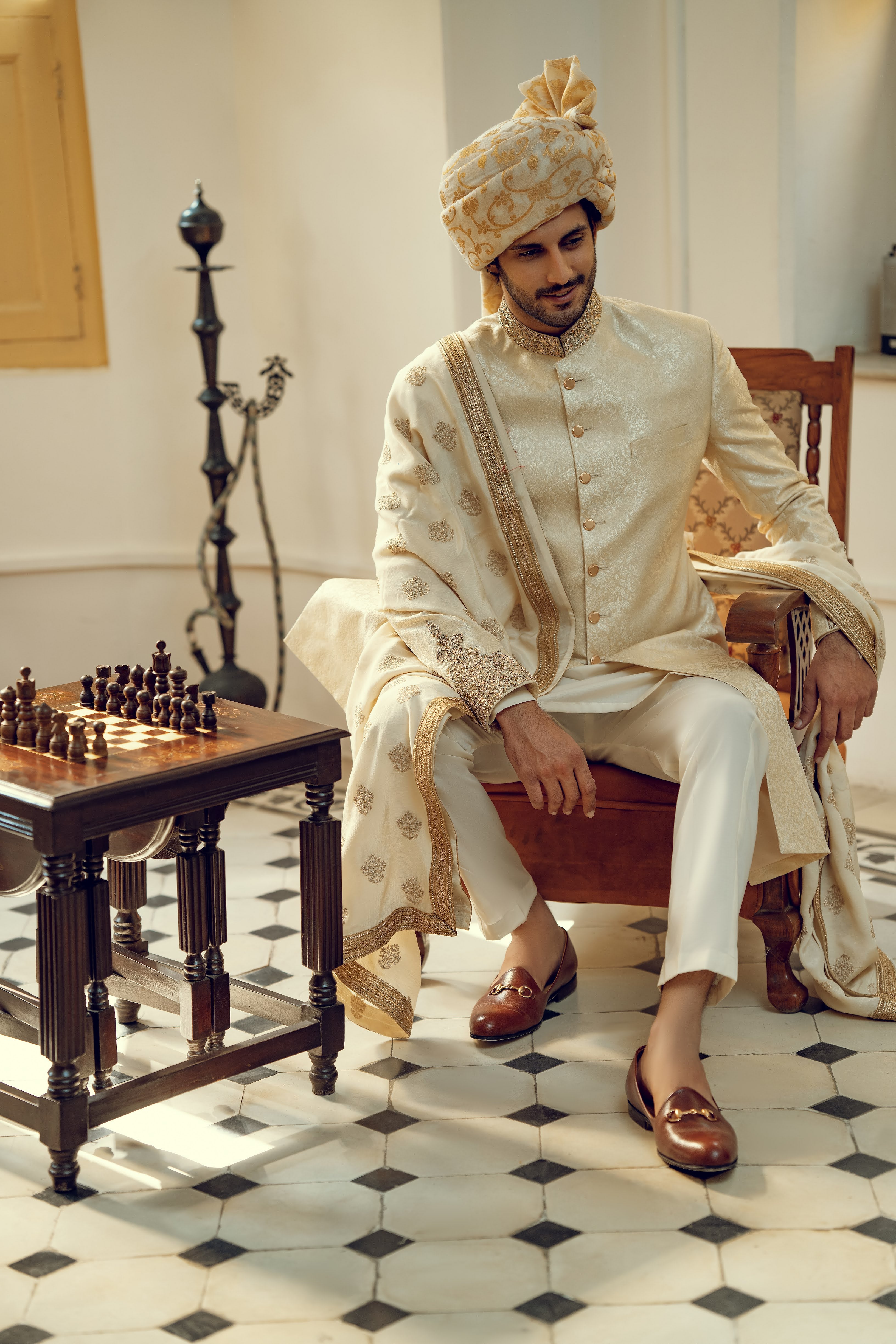 OFF WHITE HAND EMBROIDERED SHERWANI (ORDER VIA BOOK AN APPOINTMENT ONLY)