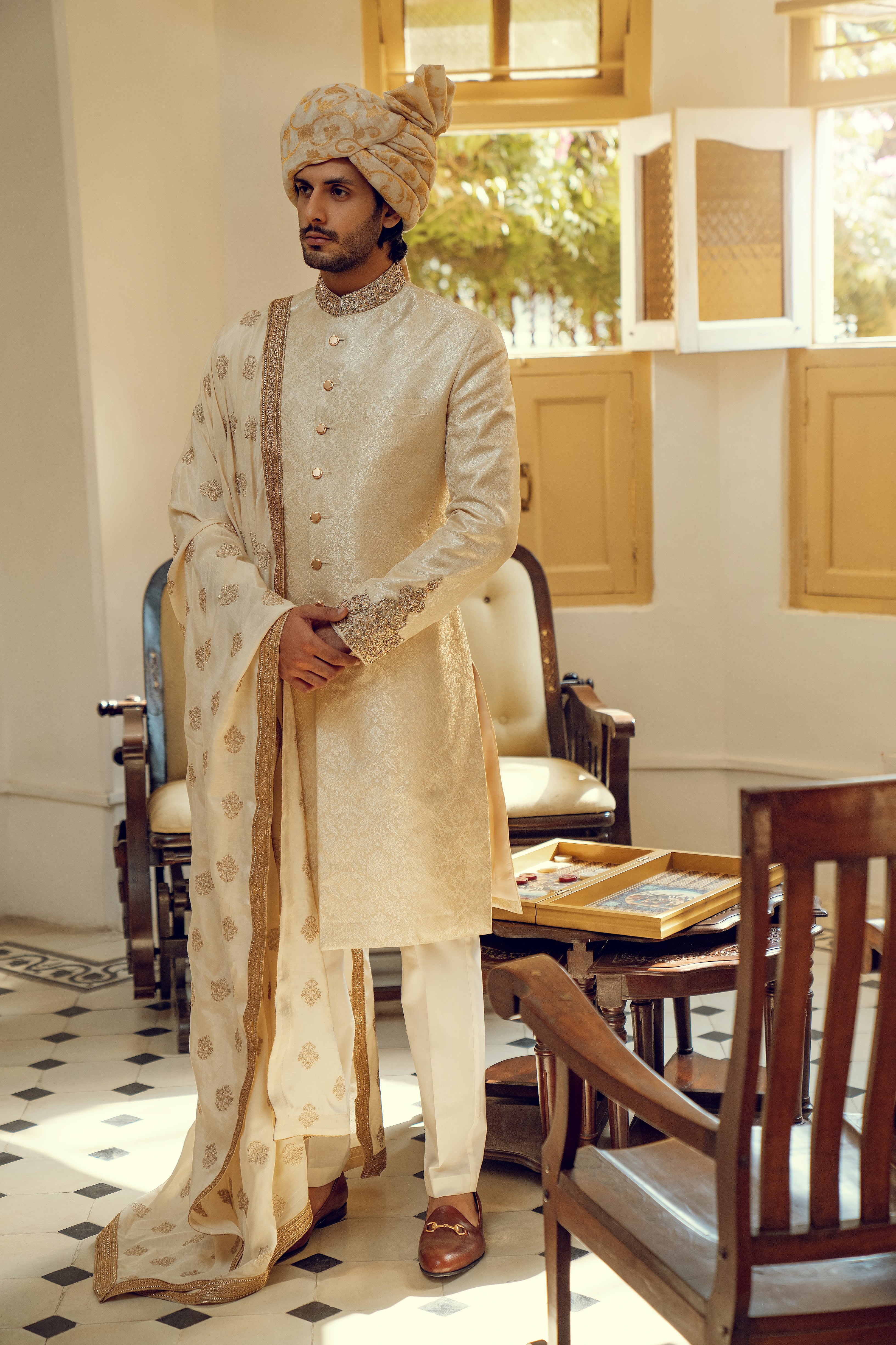OFF WHITE HAND EMBROIDERED SHERWANI (ORDER VIA BOOK AN APPOINTMENT ONLY)